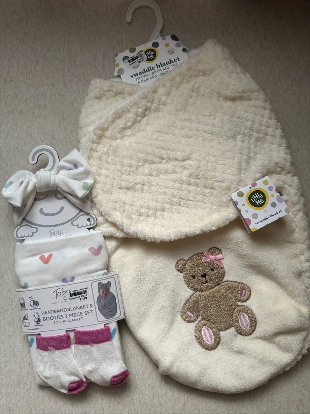 NWT Swaddle Bundle 0-3 Little Me Cream Teddy Swaddle + Newborn First Look Set